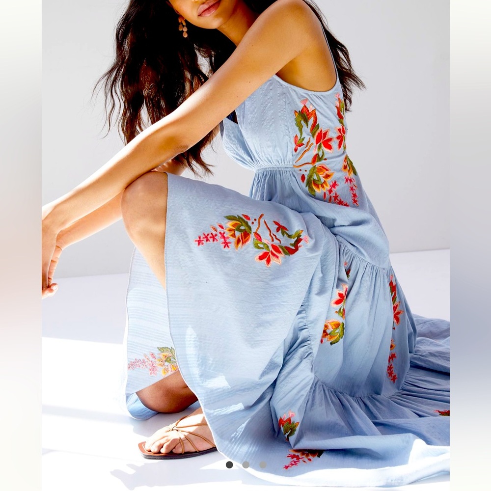 NWT Anthropologie x Samant Chauhan Embroidered Flowy Floral Midi Dress in Blue
